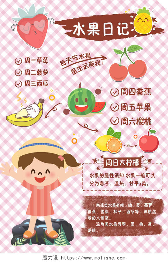 卡通粉色网格水果日记手账宣传海报手账海报